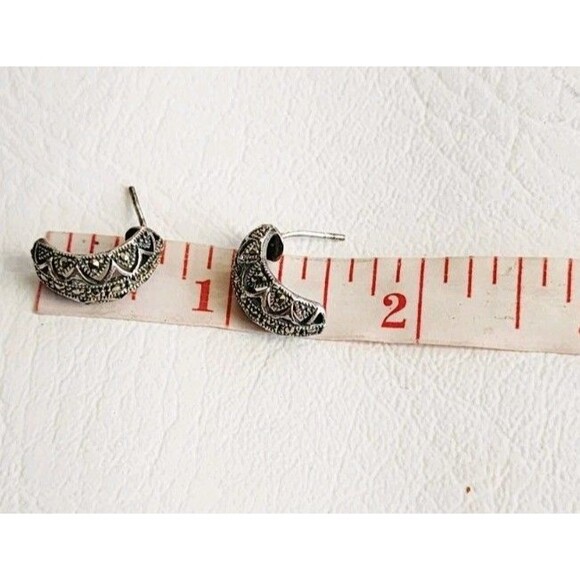 Vintage CW Marcasite Sterling Silver Hoop Earrings .50" 3.77g - Picture 6 of 7